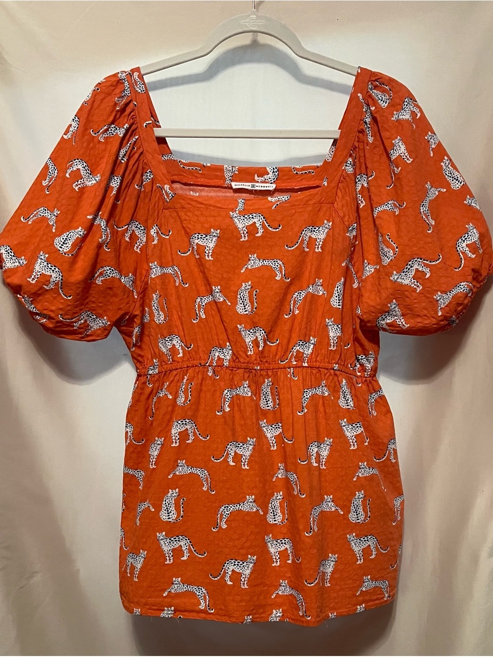 Michelle McDowell Gracie Run Wild Orange Puff Sleeve Leopard Print Top Size L